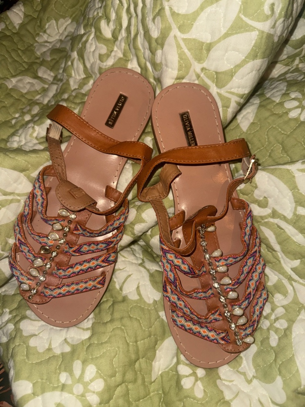 Olivia Miller Tan Braided Beaded Strappy Sandals